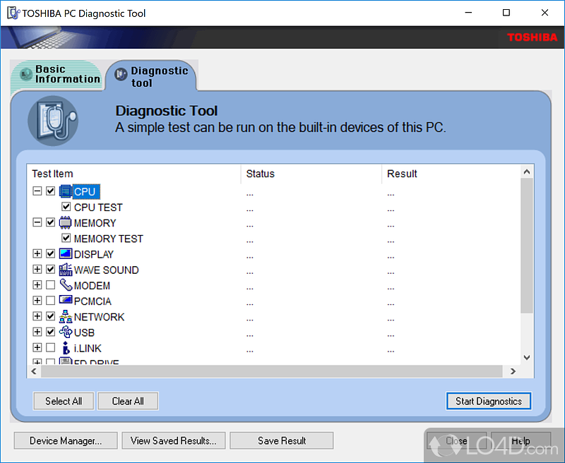 Basic hardware information display for Toshiba PC systems - Screenshot of Toshiba PC Diagnostic Tool