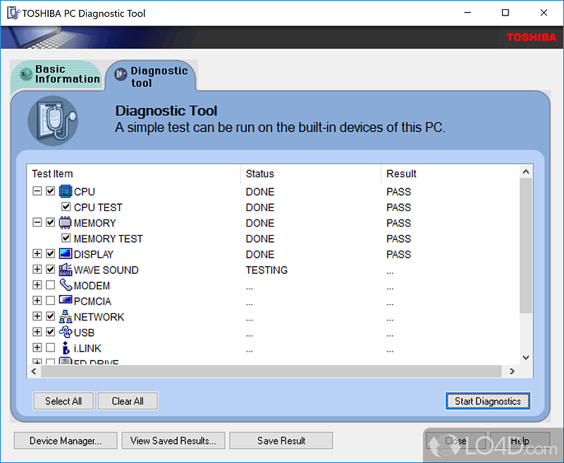 Toshiba PC Diagnostic Tool: User interface - Screenshot of Toshiba PC Diagnostic Tool