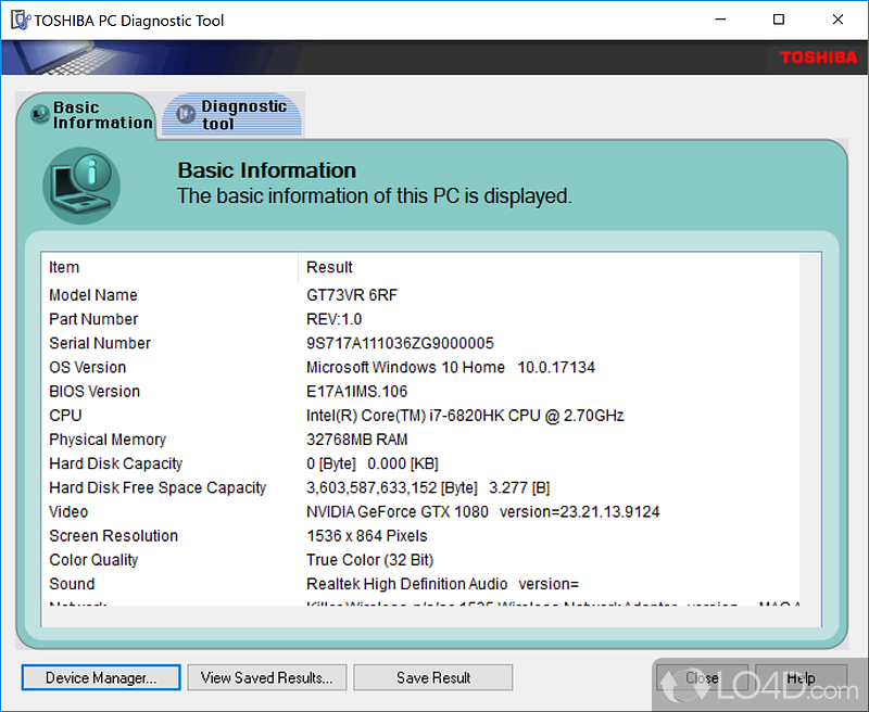 Tool can display basic information concerning the hardware components in a computer - Screenshot of Toshiba PC Diagnostic Tool