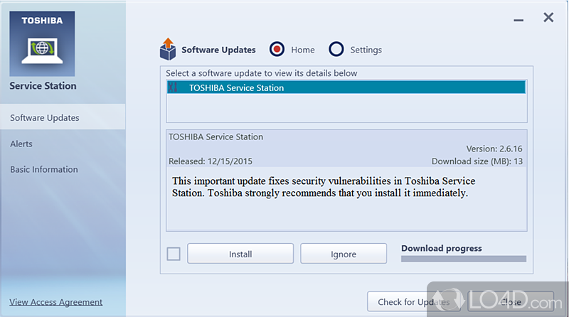 Designed by Toshiba, that can retrieve software updates - Screenshot of Toshiba Service Station