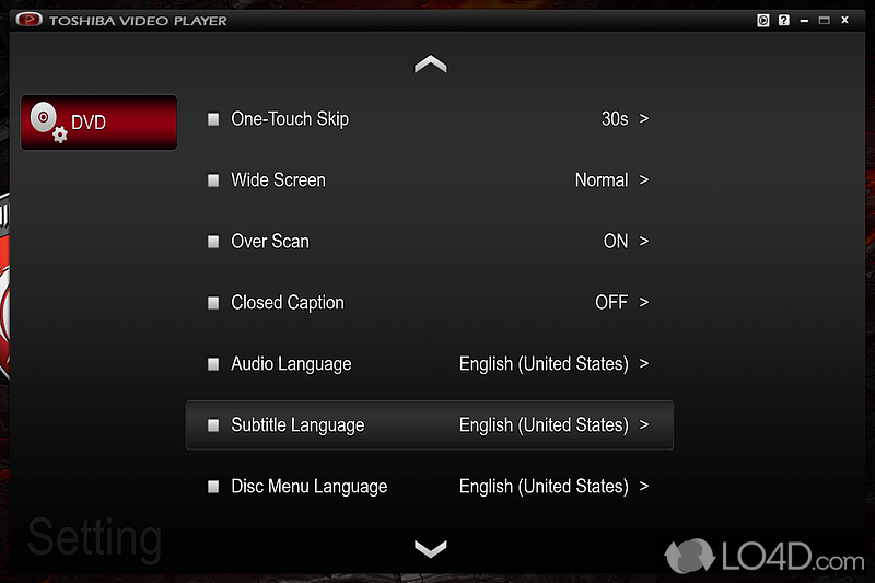 Toggle subtitle, disc menu language, widescreen and other options in the DVD settings - Screenshot of Toshiba Video Player