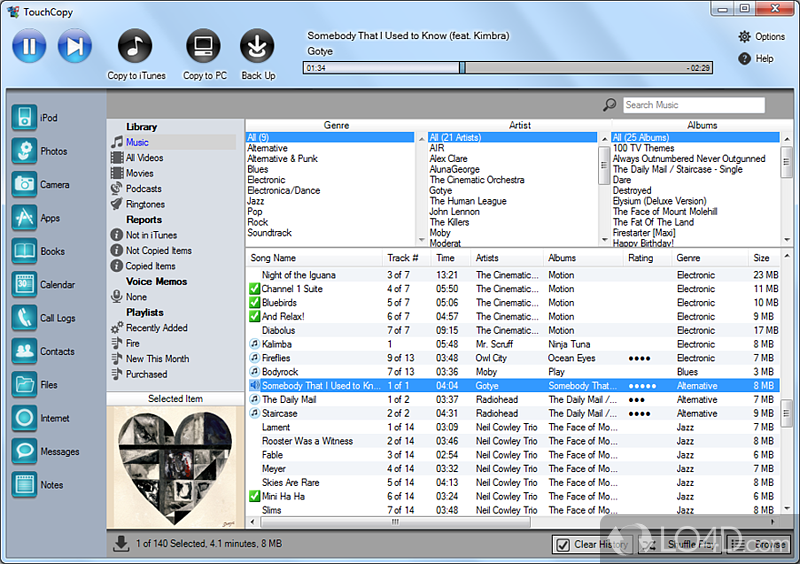 Backup the iPhone, transfer files. Transfer music from iTunes - Screenshot of TouchCopy