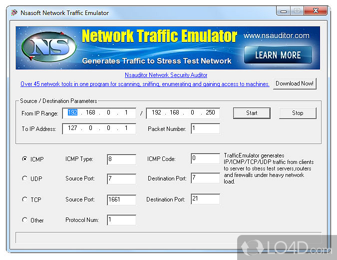 Runs stress tests on servers, routers and firewalls in order to make sure that each network component is working properly - Screenshot of TrafficEmulator