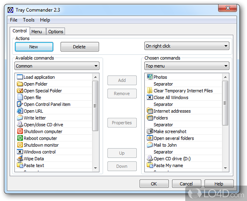 Was developed to let you quickly run frequently used system commands directly from the system tray - Screenshot of Tray Commander