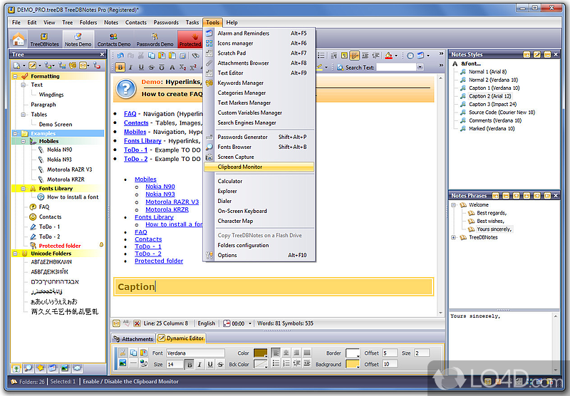 PIM, Word Processor,Contact,Password Manager, e-Book maker with Tree Structure - Screenshot of TreeDBNotes Pro
