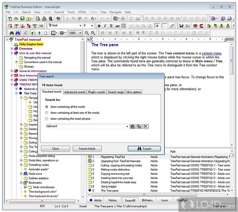 Clean and intuitive graphical interface - Screenshot of TreePad Business Edition