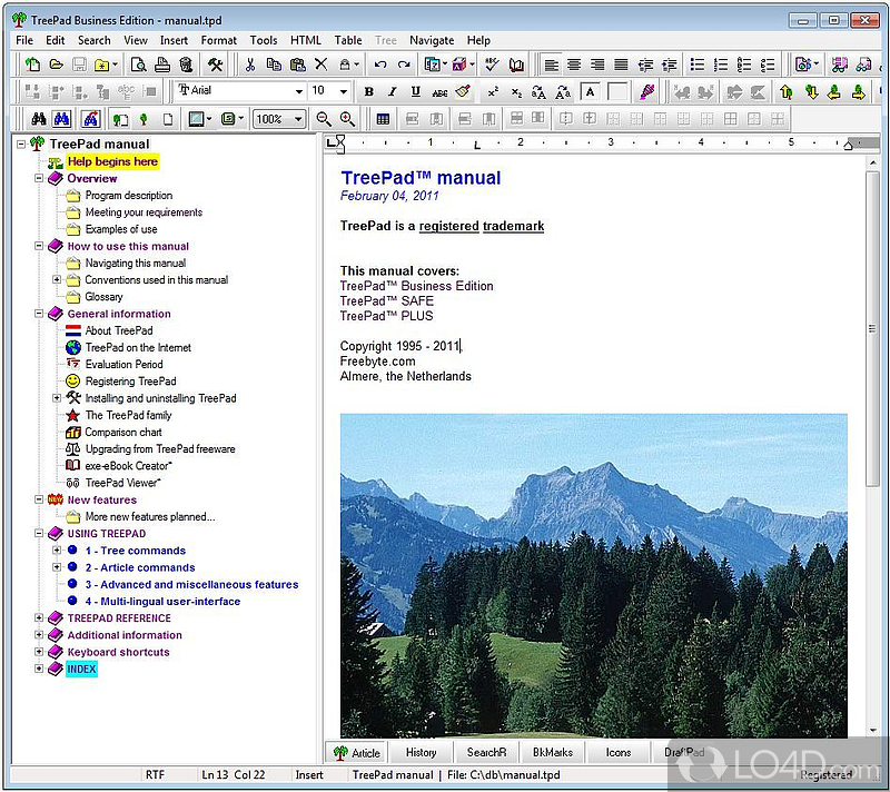 Software solution designed as a personal database, word processor, editor, Web site generator, presentation program, photo album - Screenshot of TreePad Business Edition