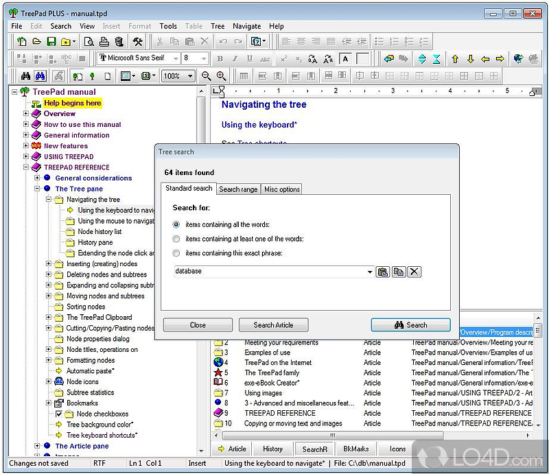 Complex but fluent graphical interface - Screenshot of TreePad PLUS