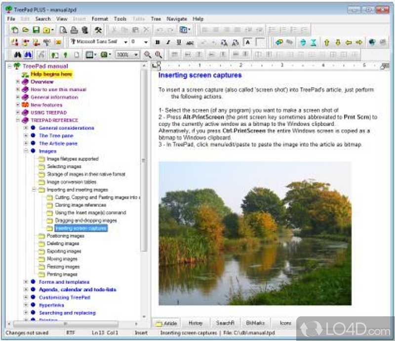 Software solution to create text documents, photo albums - Screenshot of TreePad PLUS