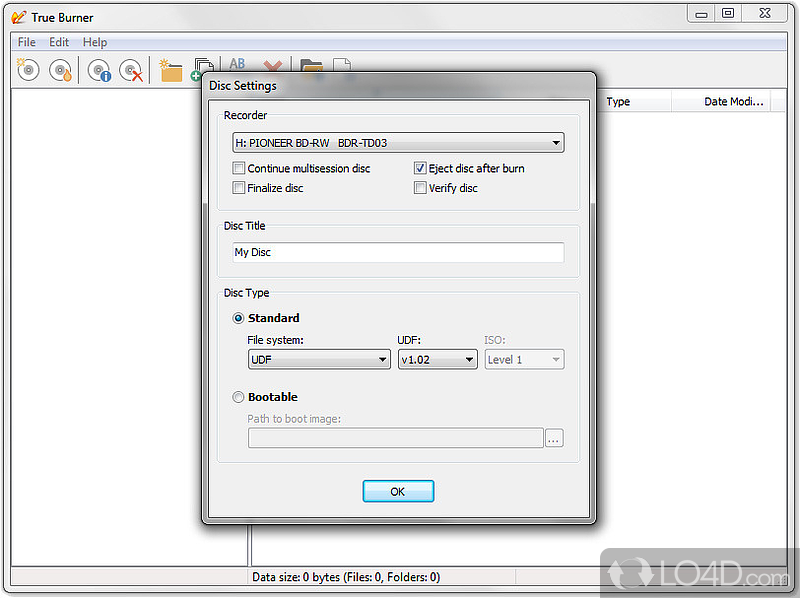 Burn files and disc images, create multimedia or bootable discs - Screenshot of True Burner