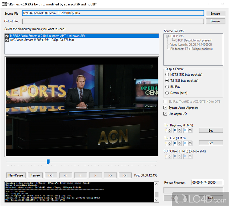 Transport stream re-muxer similar in functionality to EvoDemux, sporting support for Blu-Ray, VOB, MPG, EVOB, satellite - Screenshot of TSremux