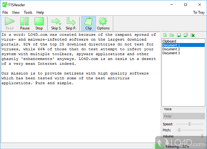 Text-to-speech utility which can watch Clipboard, read from text documents, with support for multiple voices - Screenshot of TTSReader