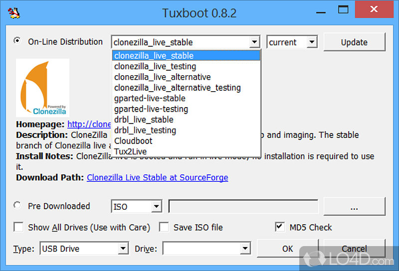 Linux live disk creator for bootable drives with Clonezilla support - Screenshot of Tuxboot