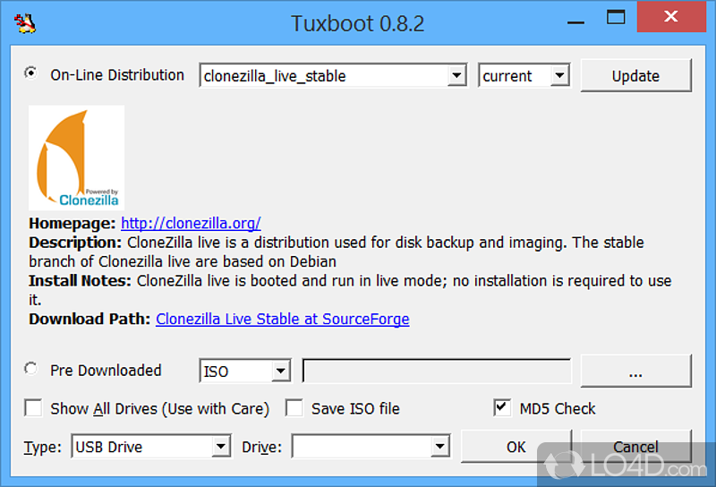 Create bootable USB drives for Clonezilla, DRBL, Gparted - Screenshot of Tuxboot