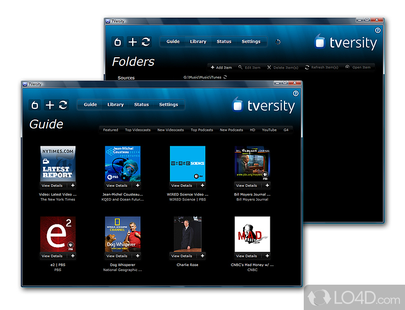 Play and record Internet audio or video streams and manage multimedia library from within a interface - Screenshot of TVersity