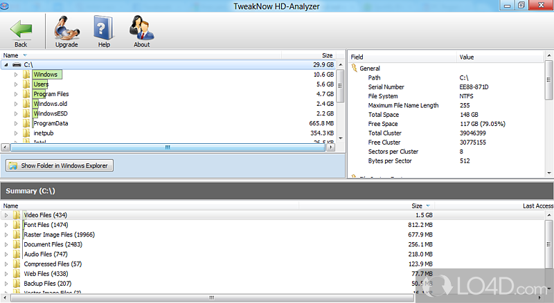 Identifies the files and folders which take up the most space on the hard drive, with options for all user levels - Screenshot of TweakNow HD-Analyzer
