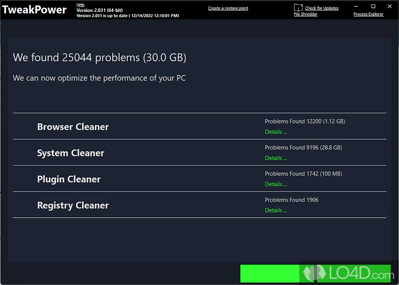 Configure system cleaner and optimizer - Screenshot of TweakPower
