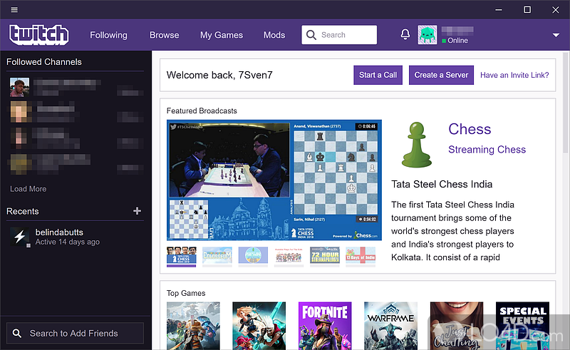 Access Twitch, the most popular platform for social video gaming directly from computer's desktop - Screenshot of Twitch Desktop App