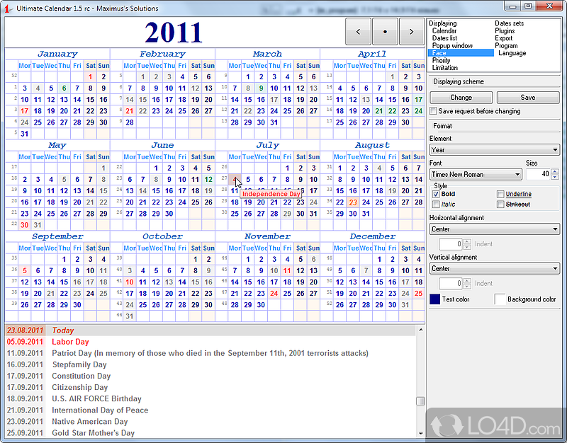 Ultimate Calendar: User interface - Screenshot of Ultimate Calendar