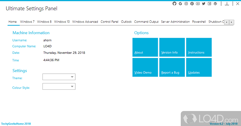 Provides users with quick access to multiple operating system shortcuts - Screenshot of Ultimate Settings Panel