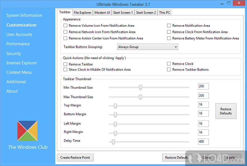 Personalize and optimize Windows by performing some simple tweaks - Screenshot of Ultimate Windows Tweaker