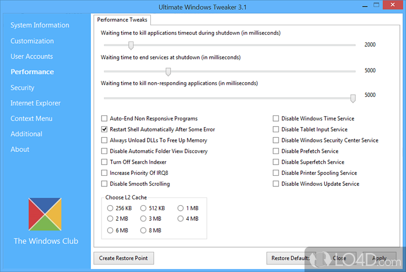 Modify settings related to performance, security and privacy, IE, and more - Screenshot of Ultimate Windows Tweaker