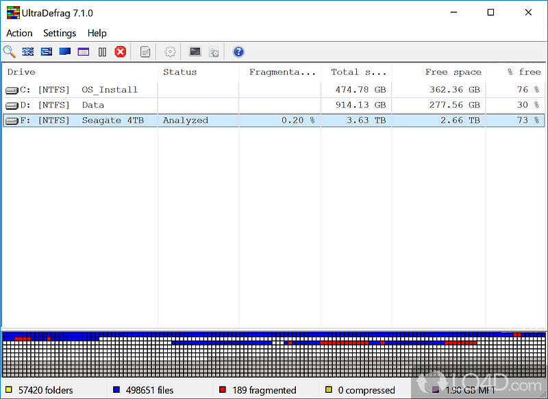 Powerful defragmentation tool that can analyze and optimize hard drives, in order to enhance the processing speed of computer - Screenshot of UltraDefrag