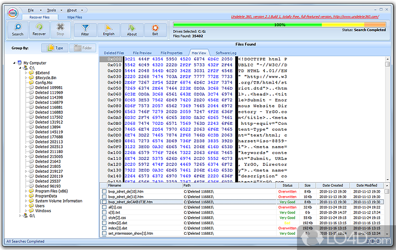 A free tool to recover deleted files - Screenshot of Undelete 360