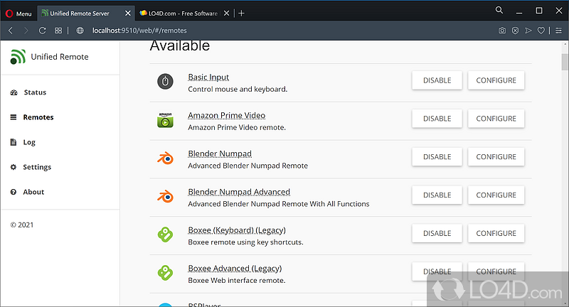 Desktop client UI and security settings - Screenshot of Unified Remote Portable