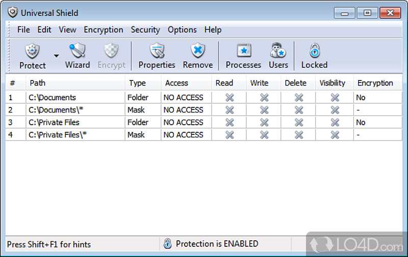 Easily hides, protects, and encrypts important data, and restricts user access to it, thanks to a workspace - Screenshot of Universal Shield