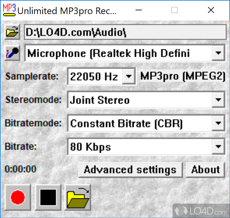Which can easily record audio streams with microphone, while also configuring a few settings - Screenshot of Unlimited MP3pro Recorder