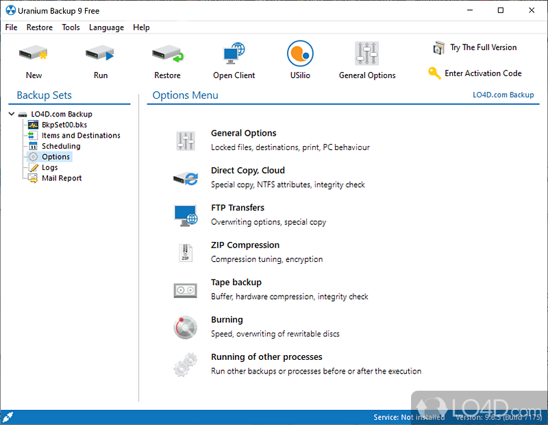 Schedule backups, enable email reports, configure settings - Screenshot of Uranium Backup