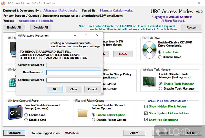 URC Access Modes: User interface - Screenshot of URC Access Modes