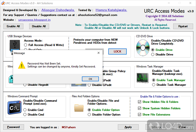 URC Access Modes screenshot