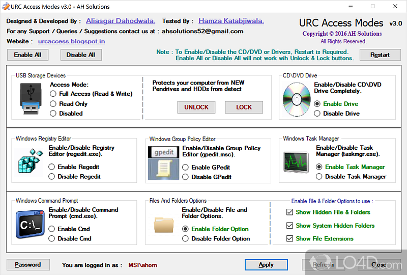 Control and protection for PCs with password protection - Screenshot of URC Access Modes