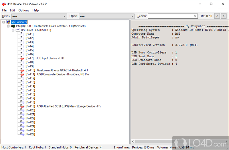 Browse through USB devices and controllers - Screenshot of USB Device Tree Viewer