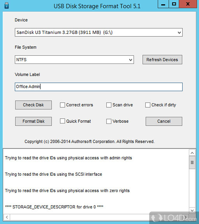 Format any USB flash drive connected to system and check the removable device for errors - Screenshot of USB Disk Storage Format Tool