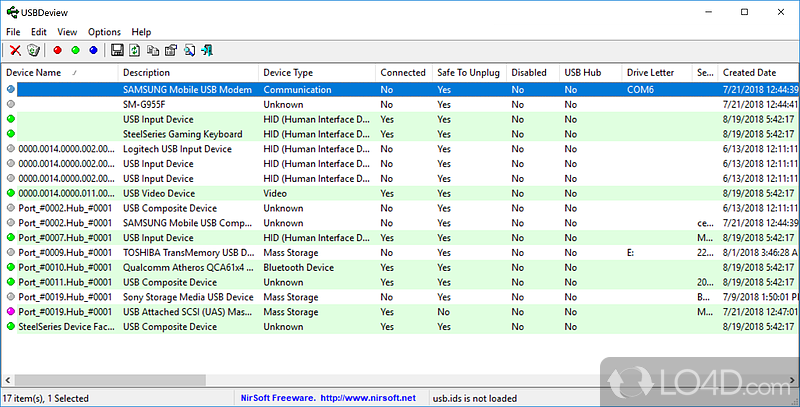 Small, program that lists all USB devices currently connected to computer - Screenshot of USBDeview