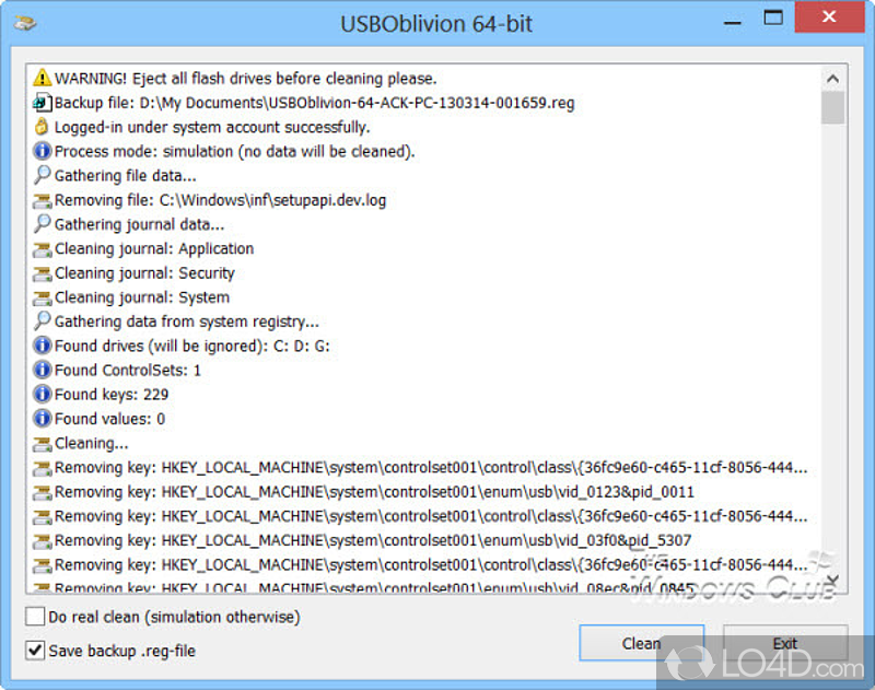 Utility designed to erase all traces of USB drives from the Windows registry, with support for simulation mode - Screenshot of USBOblivion