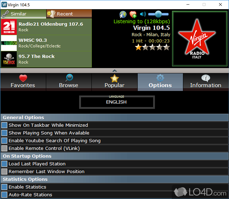 Internet radio player with hundreds of stations - Screenshot of V-Radio