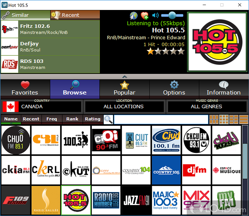 Can play Internet radio stations of all genre types, from classical music to hard rock - Screenshot of V-Radio