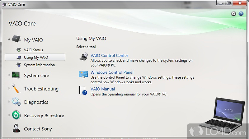 Collection of tools and assistants for owners of Sony VAIO systems - Screenshot of VAIO Care
