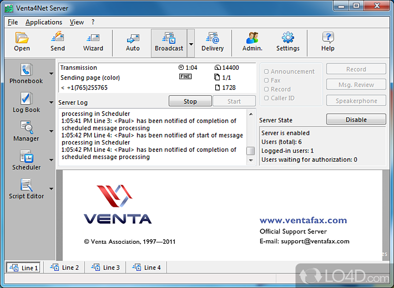 Advanced network solution for fax and voice mail exchange with a modem or Internet telephony - Screenshot of Venta4Net