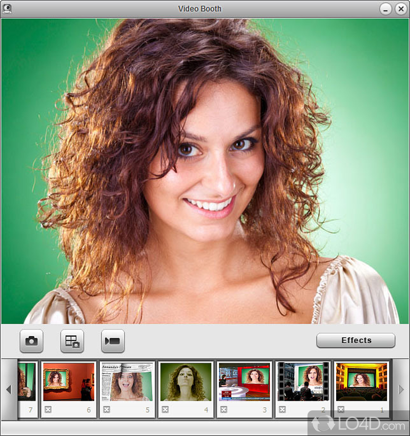 Can capture webcam snapshots and videos using camera, while also allowing you to add effects to captures - Screenshot of Video Booth
