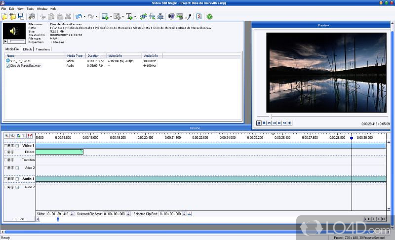 Create movies from various kinds of video and audio files by merging tracks and adding various effects and transitions - Screenshot of Video Edit Magic