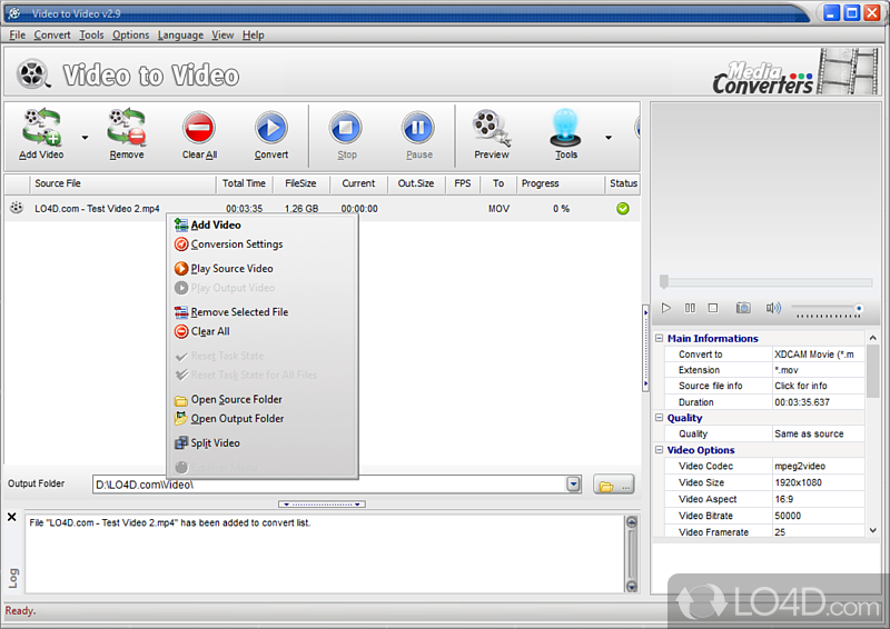 Convert between different video files (e - Screenshot of Video to Video Converter