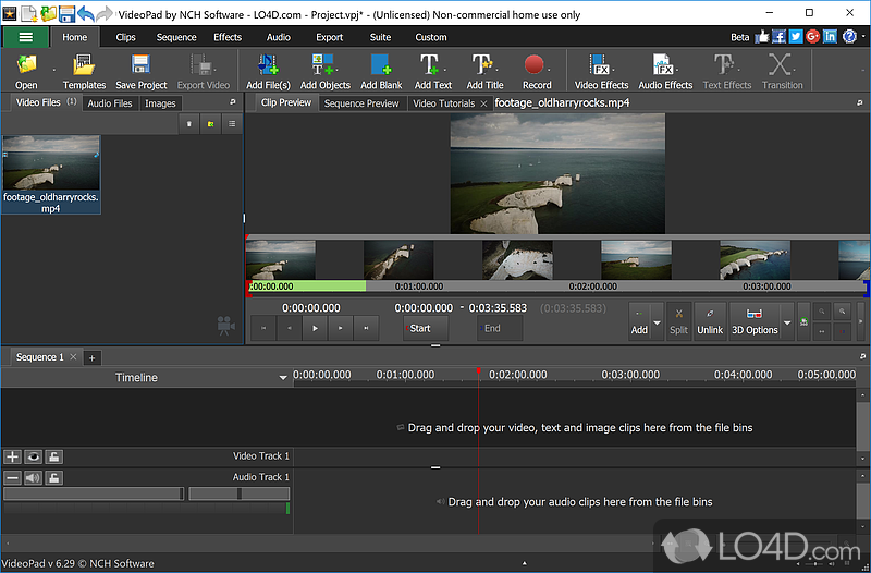 Main layout of VideoPad Editor with a timeline and options to add text, effects and transitions. - Screenshot of VideoPad Video Editor Free