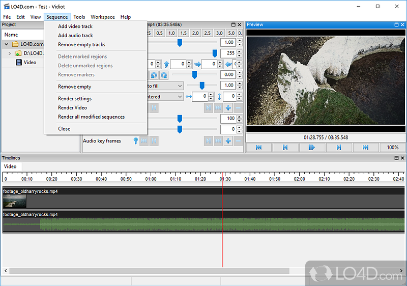 Edit the timeline and configure audio and video properties - Screenshot of Vidiot