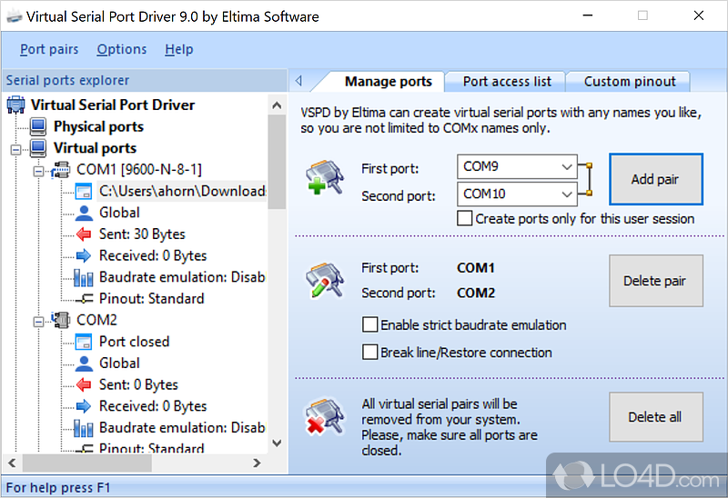 Virtual Serial Port Driver: User interface - Screenshot of Virtual Serial Port Driver