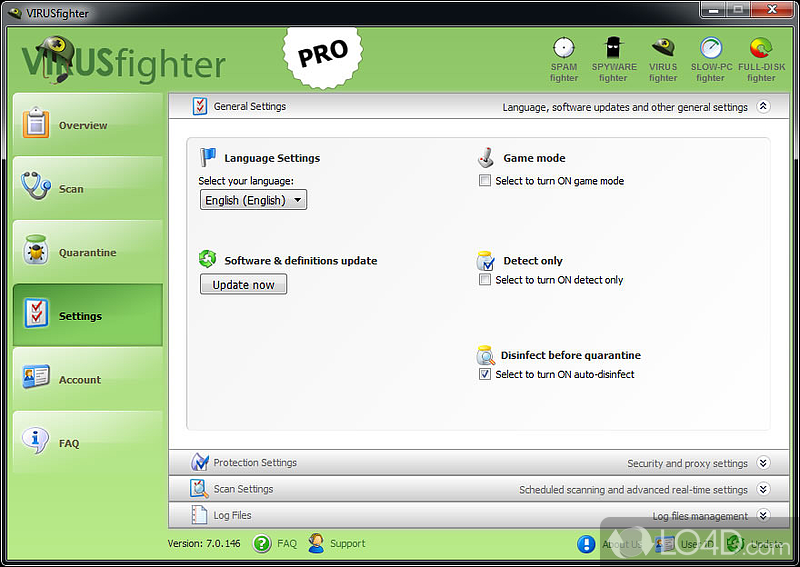 Antivirus software that provides protection against various threats, cleans up malicious components - Screenshot of VIRUSfighter